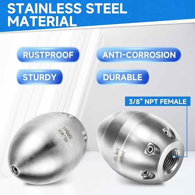Tool Daily 3/8” NPT Sewer Jetter Nozzle for Pressure Washer, Stainless Steel Sewer Jet Nozzle for Drain Cleaning, 40 L/Min, 3000 PSI