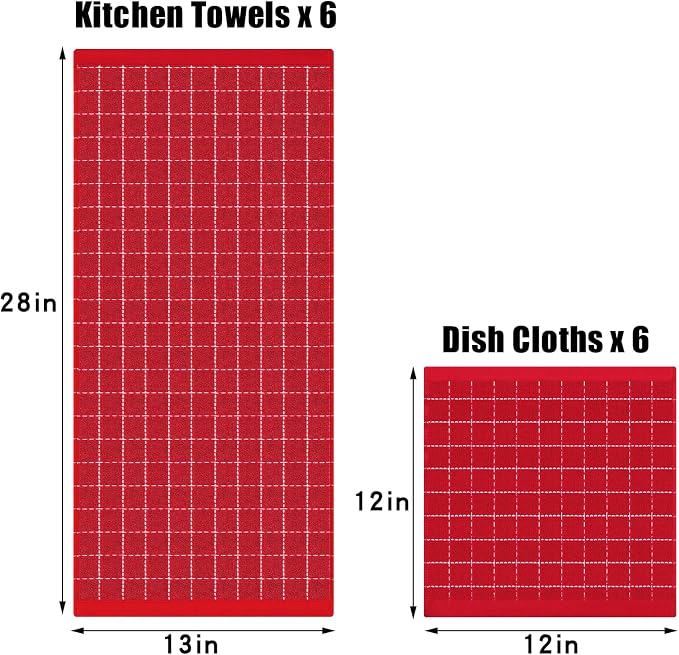 Homaxy Kitchen Towels and Dishcloths Set, 12 x 12 and 13 x 28 Inches, Set of 12 Bulk Cotton Terry Kitchen Towels Set, Checkered Designed, Soft and Super Absorbent Dish Towels, Red