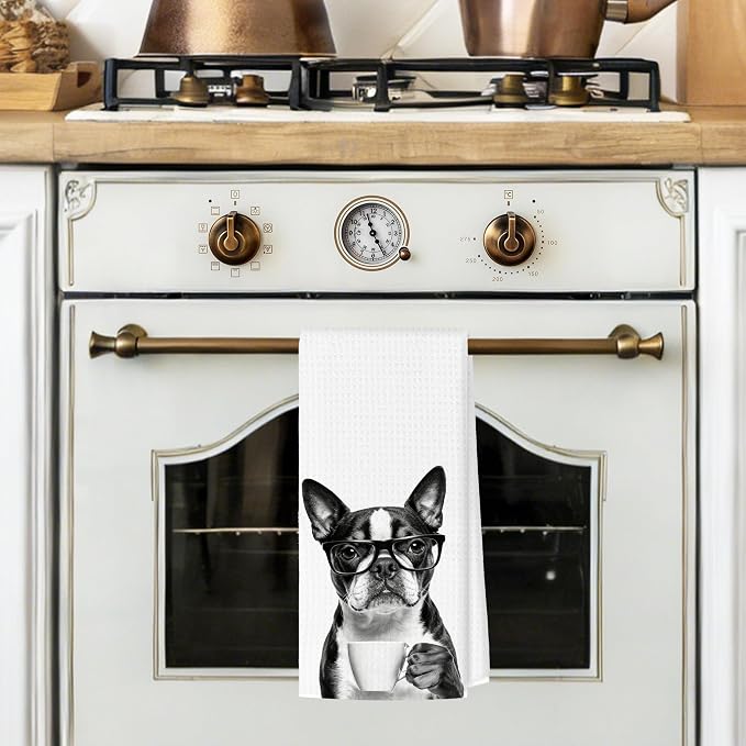 Funny Boston Terrier Kitchen Towels, Dog Kitchen Accessories, Dog Chef Gifts for Women Decorative Hand Towels for Kitchen Decor, Coffee Lovers Gifts Dish Tea Towel, 16x24 Inch