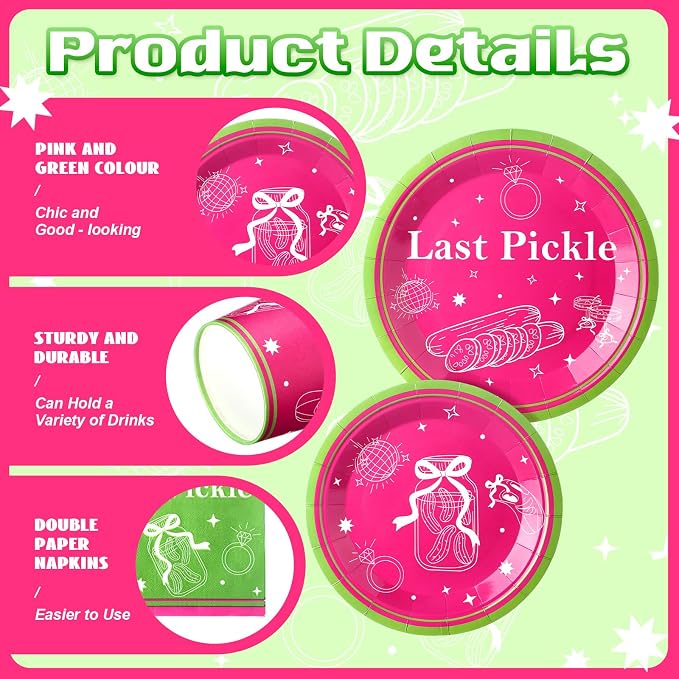 168 Pcs Last Pickle Bachelorette Party Decorations Plates Bow Napkins Party Supplies Funny Pickle Theme Tableware Dinnerware for Bachelorette Birthday Wedding Decor