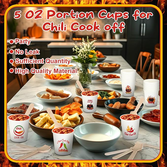 600 Pcs 5 oz Chili Cook off Party Decorations Include 300 Pcs Disposable Paper Chili Tasting Cups and 300 Pcs Wooden Spoons for Chili Cook off Decorations Party Supplies
