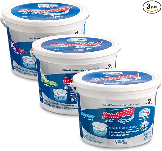 Damp Rid Moisture Absorber Bucket 3 Pack (2 lb. each) Hi-Capacity Moisture Absorbers, Room Odor Eliminator for Bathroom, Fragrance Free, Lavender Vanilla & Fresh Scent Packed By ILIOS