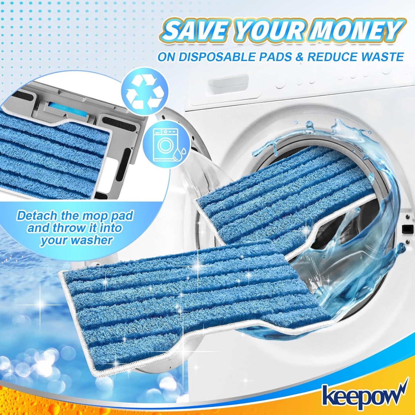 KEEPOW Reusable Mop Pads Refills, Replacement Pads Compatible with Shark Vac Mop VM252 VM200 VC205 VM250 /QM250 VM190 VM200P12, Hardwood Floor Mop Pad, Blue 1+2+3 Pads