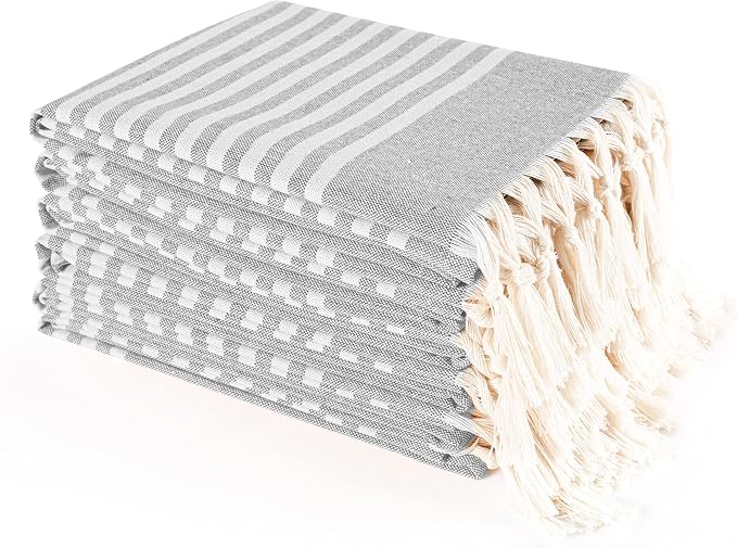 TWINY threads Set of 6 100% Cotton Turkish Kitchen Towels with Hanging Loop & Tassels (18" X 28") | Ultra Washcloth with Fringes | Reusable Hand Towels - Grey