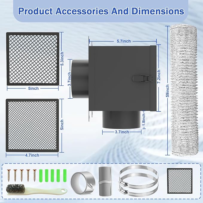 Dryer Lint Trap, Metal Indoor Dryer Vent Lint Trap- Dryer Lint Filter Box with 4" 5FT Flexible Dryer Vent Hose, 2 Filter Screens, 2 Clamps,1 Brush, Secondary Lint Trap for Electric Clothes Dryers