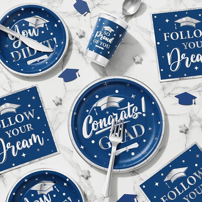 Graduation Decoration Class of 2026, 175PCS Graduation Party Supplies for College High School Disposable Dinnerware(Serve 25) with Paper Plates Cup Napkin Fork Knife Spoon (Navy Blue & Silver)