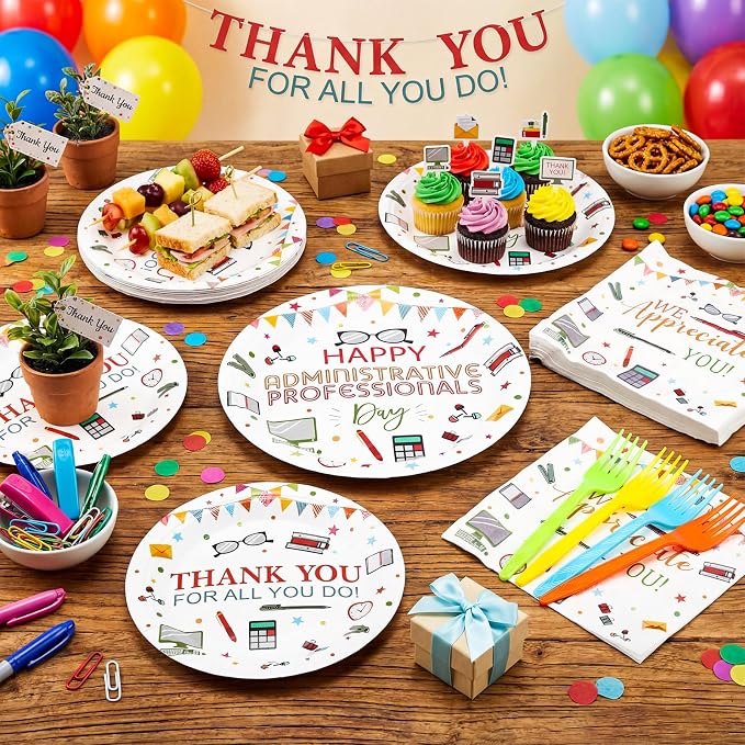 Remerry 96 Pcs Happy Administration Professionals Day Party Supplies We Appreciate You Colorful Tableware Disposable Thank You Employee Staff Paper Plates Napkins Forks for Party Decoration