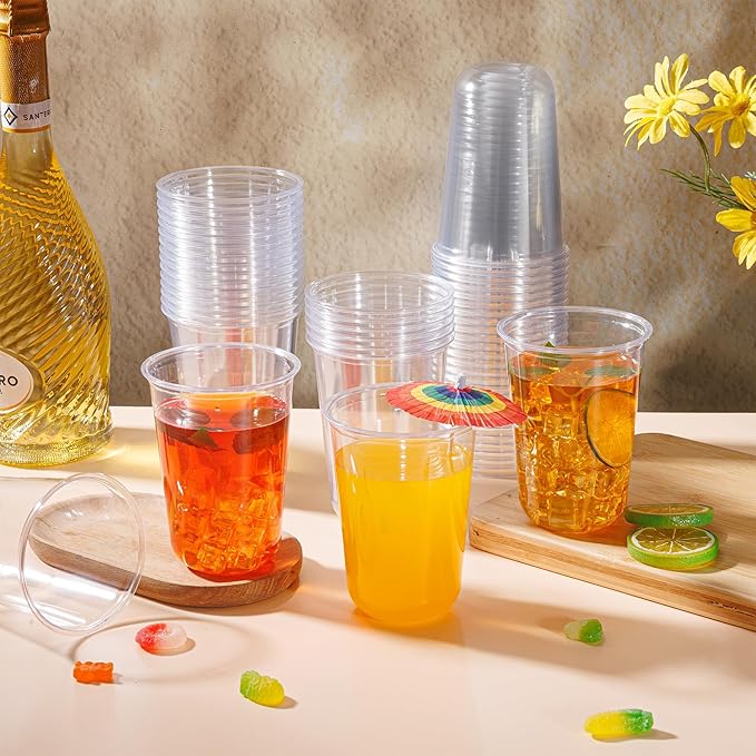 KesaPlan 50 Pcs 16oz Clear Plastic Cups Disposable Wine Cups Round Bottom Stemless Disposable Wine Glasses for Cocktails Birthdays Weddings Party Supplies