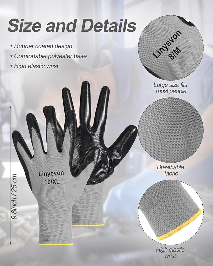 Maxcheck PU Coated Gloves Bulk, Reusable Rubber Safety Gloves for Men Women Work Warehouse, Mechanic, Woodworking