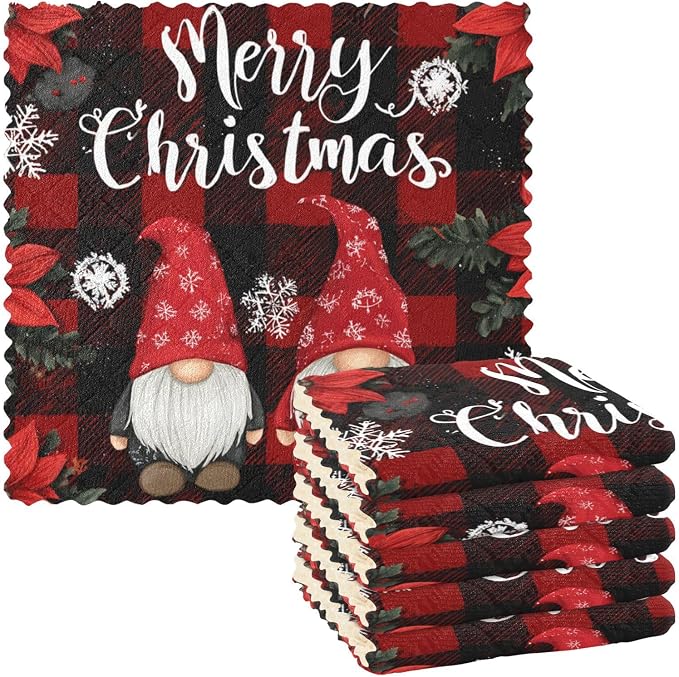 Red Black Checkered Christmas Gnome Kitchen Towels Dish Cloths Set of 6 Microfiber Cleaning Cloths for Cars Super Absorbent Machine