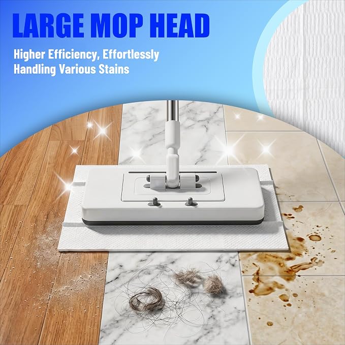 New Hands Free Multi Purpose Flat Mop with 10 Reusable Cloths | Convenient Cloth Changing, Compatible with Swiffer Pads, Hardwood Tile Marble Lightly Floor Cleaning, 52in Handle