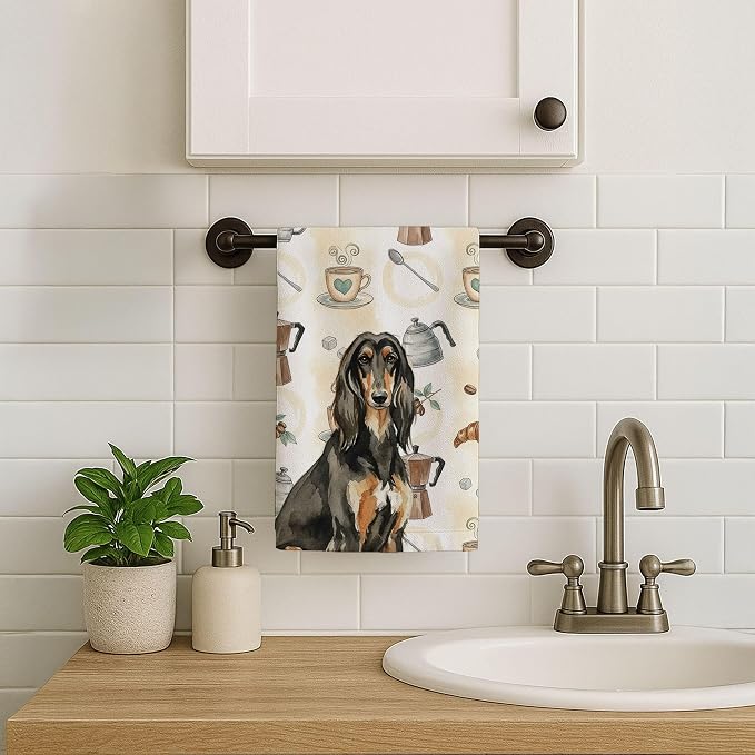 Caroline's Treasures Black & Tan Afghan Hound Coffee Bar Kitchen Towel Velour Plush Front and Cotton Loop Back Machine Washable