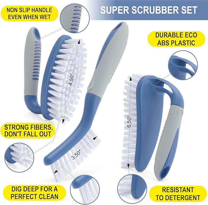 Dish Brush Set of 5 with Convenient Holder, Kitchen Scrub Brushes Non Slip Long Handle for Sink Dishes Cup Pot + Trazon 3-Piece Scrub Brush Set - Blue