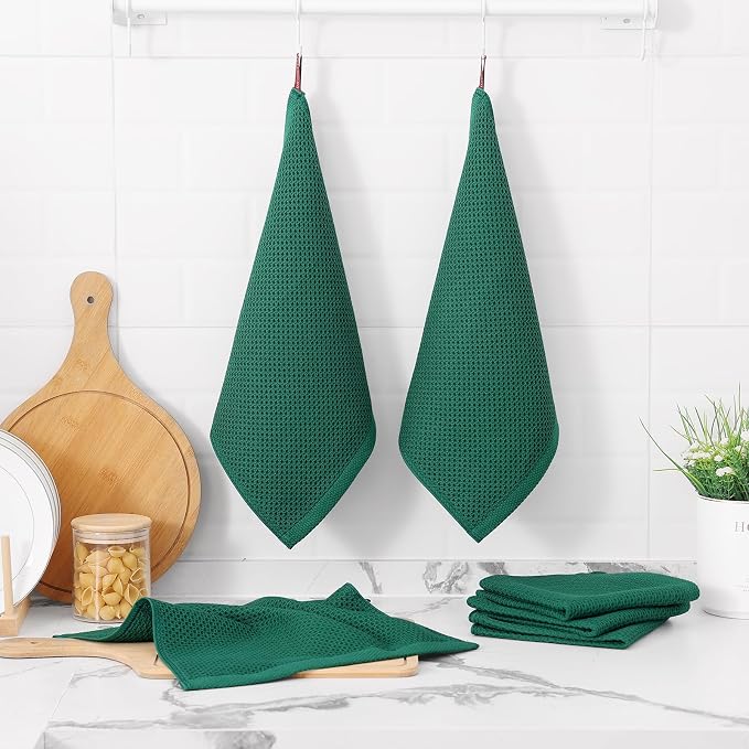 Kitinjoy 100% Cotton Kitchen Dish Cloths (12 X 12 Inches, Dark Green), 6 Pack Waffle Weave Ultra Soft Absorbent Dish Towels for Drying Dishes Quick Drying Kitchen Towels Dish Rags