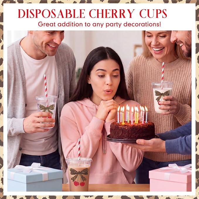LemonRoad 50sets 16oz Leopard Cherry Cups Bow Cherry Birthday Party Decorations Supplies Cute Plastic Cups Disposable with Lids and Straws for Valentines Galentines Day Christmas Wedding Baby Shower