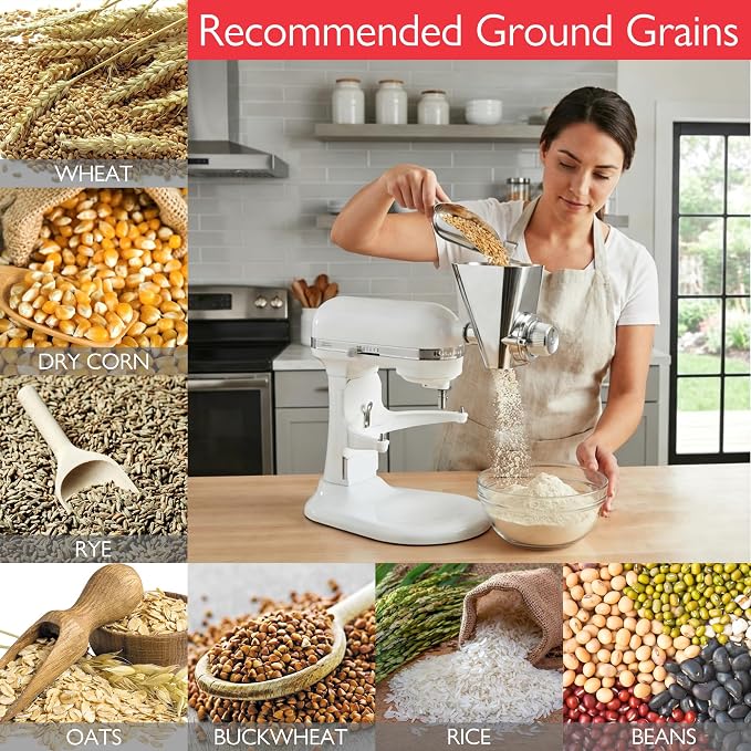 Wiselet Grain Mill Attachment for Kitchenaid Stand Mixer, 12 Gear Metal Flour Maker for Wheat, Oat, Buckwheat, Corn, Beans and Other Cereals, Included Brush and Screwdriver, Hand Wash Only