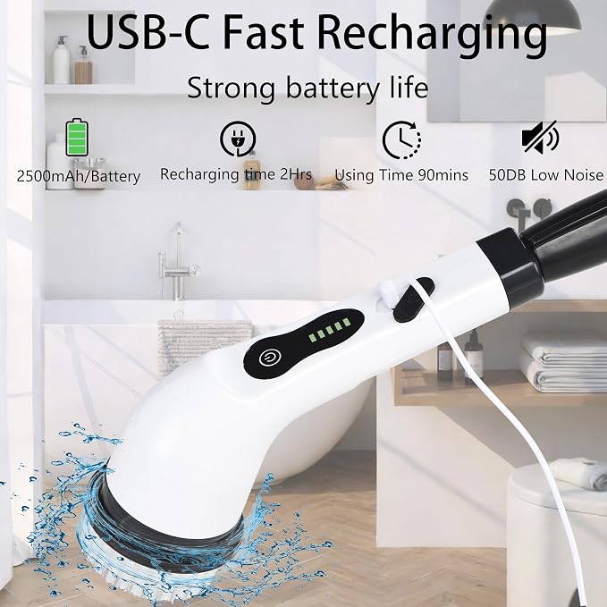 Electric Spin Scrubber Shower Cleaner Brush Cordless Power Cleaning 8 Brush Heads Extendable Handle 3 Adjustable 2 Speeds IPX7 Waterproof for Bathroom Kitchen