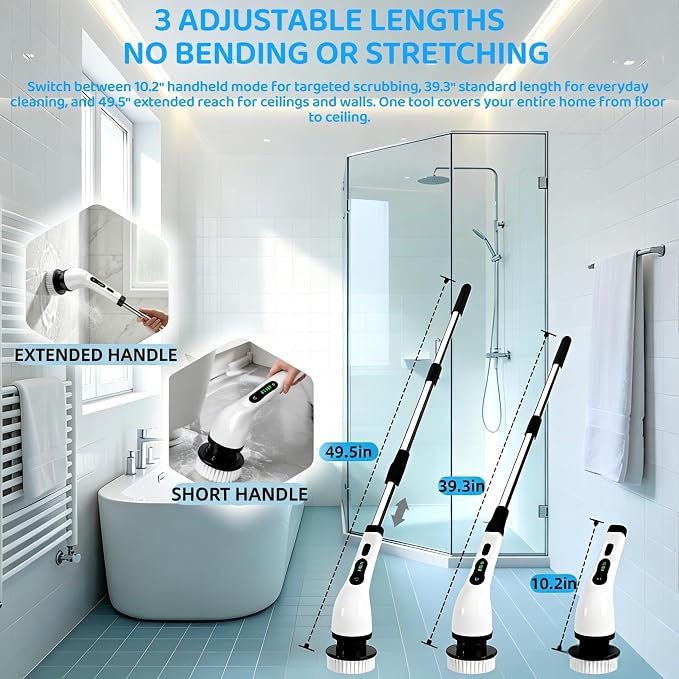 Electric Spin Scrubber, IPX7 6 Replaceable Heads, Telescoping Handle | Cordless & Rechargeable, 2-Speed Powerful Scrubbing, Perfect for Bathroom Kitchen Car Cleaning