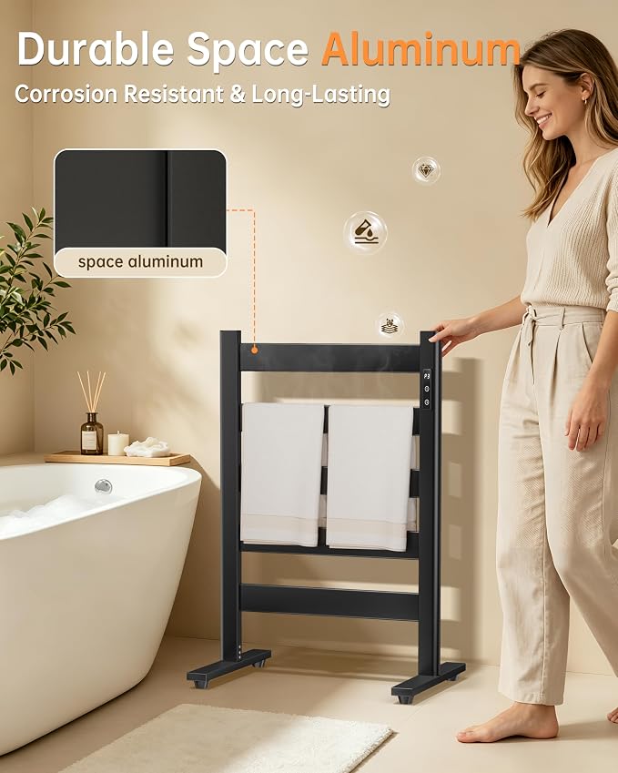 Freestanding Towel Warmer – 5-Bar Heated Towel Rack with Timer & Adjustable Temperature, Space Aluminum, Rust-Resistant, Fast Heating in About 10 Minutes for Bathroom & Spa,Matte Black
