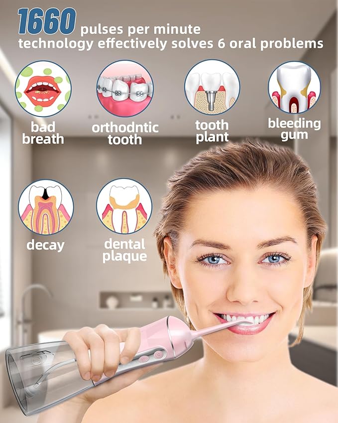 Electric Water Dental Flosser - Cordless Portable Teeth Cleaner, Rechargeable 320ML Larger Water Tank Oral Irrigator, 4 Modes with 5 Jet Tips and Travel Bag, IPX7 Waterproof (Pink)