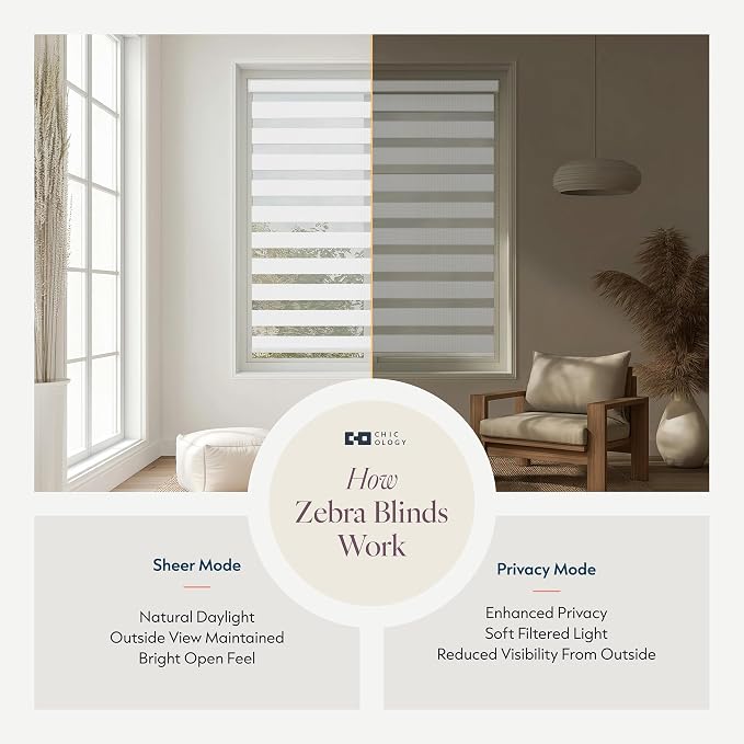 CHICOLOGY Zebra Blinds Cordless Window Shades, Dual Layer Light Filtering Roller Shades for Windows, Sheer Privacy Striped Fabric, Easy Install, 35"W x 72"H, Basic Natural