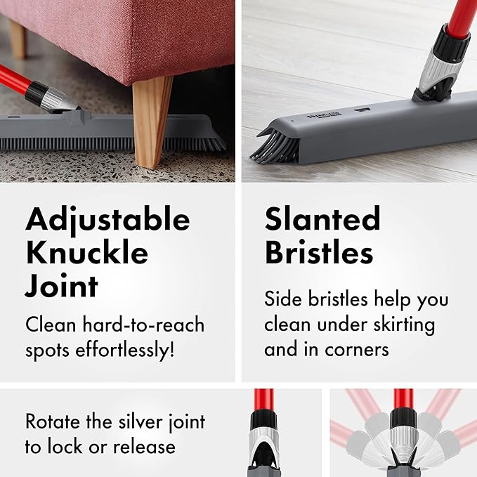 Tyroler 2-in-1 Silicone Broom & Floor Squeegee | 100% Silicone Head 16.1" | Anti-Rust 4-Piece Handle | Perfect Pet Hair Removal Rubber broom for Patio, Floors, Rugs, Carpet Rake, Decks, Indoor/Outdoor