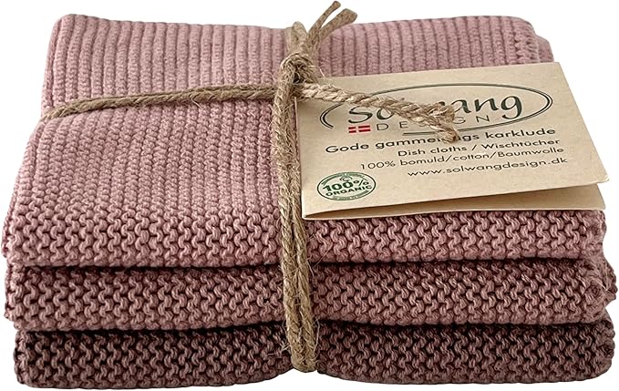 Solwang 3-Piece Danish Cotton Dishcloths in 100% Certified Organic Cotton Made in India (Dusty Rose Organic Combi)