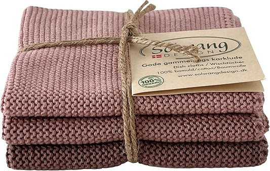 Solwang 3-Piece Danish Cotton Dishcloths in 100% Certified Organic Cotton Made in India (Dusty Rose Organic Combi)