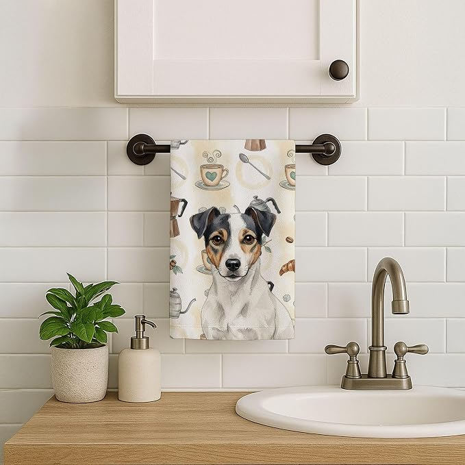 Caroline's Treasures White and Black Jack Russell Terrier Coffee Bar Kitchen Towel Velour Plush Front and Cotton Loop Back Machine Washable