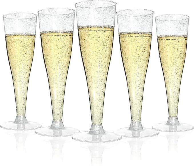 Bestluck 50 Pack Champagne Flutes Plastic, 4.5 oz Silver Glitter Plastic Disposable Stemware, Disposable Champagne Flutes for Party, Mimosa Bar, Wedding, Anniversary and Graduation
