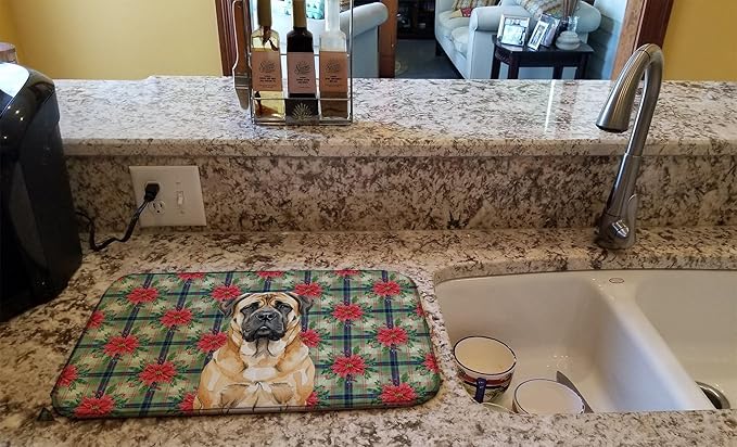 Caroline's Treasures Fawn Mastiff Christmas PoinsettIas Dish Drying Mat Absorbent Dish Drying Mat Pad for Kitchen Counter Dish Drainer Mat for Countertop, 14 x 21", Multicolor