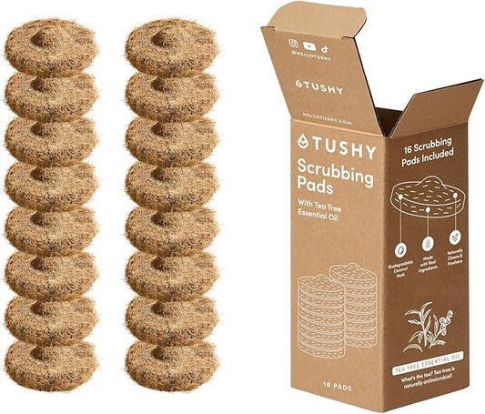 TUSHY Tea Tree Coconut Husk Scrubbing Pads Refill. Planet Friendly Cleanser-Infused Pads, No Toilet Bowl Cleaner Needed. (Toilet Brush 2.0 Refills), 16 Pack