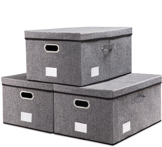 PRANDOM Storage Bins with Lids [3-Pack] Linen Fabric Foldable Storage Boxes Organizer Containers Baskets Cube with Cover (23.4X15.9X11.5) For 6+ Year Old Boys and Girls
