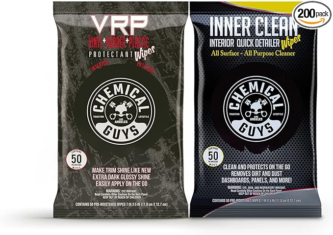 Chemical Guys PMWTVD10750 VRP Shine and Protectant And PMWSPI66350 InnerClean Interior Quick Detailer & Protectant Wipes, Safe for Cars, Trucks, SUVs, Jeeps, RVs & More (100 Ct) 2 Pack