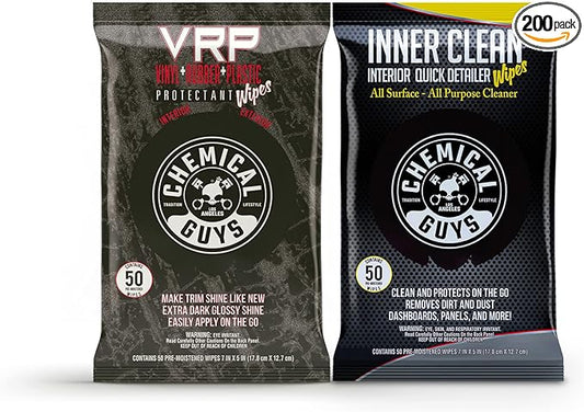 Chemical Guys PMWTVD10750 VRP Shine and Protectant And PMWSPI66350 InnerClean Interior Quick Detailer & Protectant Wipes, Safe for Cars, Trucks, SUVs, Jeeps, RVs & More (100 Ct) 2 Pack