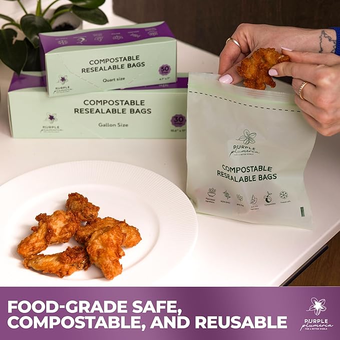 100% Compostable Resealable Food Storage Bags (50 Eco Zip), Biobased, Leak-Proof and Freezer-Safe, Extra Strong & Durable, (Quart Size) | Biobased, Leak-Proof, Durable, Freezer-Safe, Extra Strong