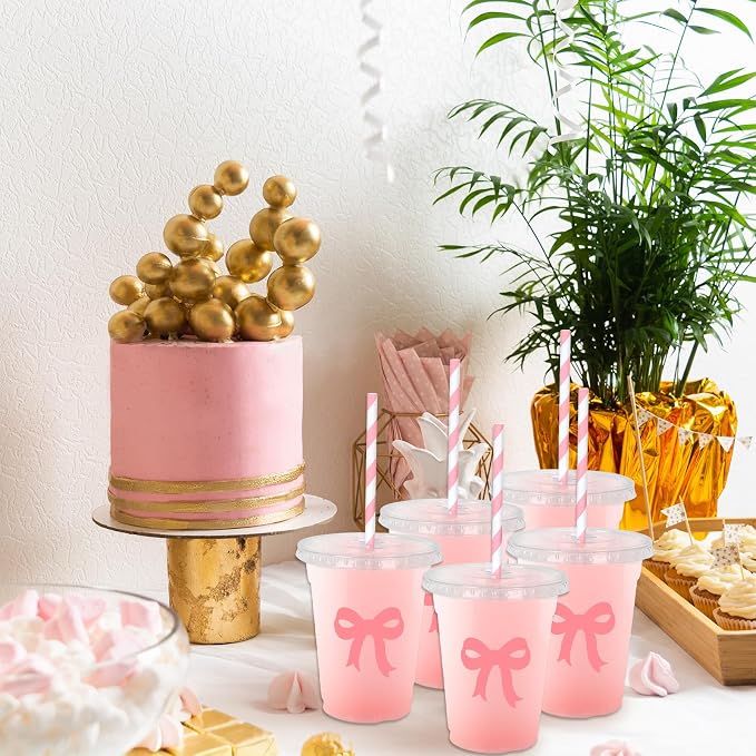 Whaline 50 Pcs Pink Bow Disposable Plastic Cups with Lids and Straws 12 Oz Lovely Bowknot Cold Beverage Drinking Cups for Wedding Birthday Bridal Baby Shower Party Supplies