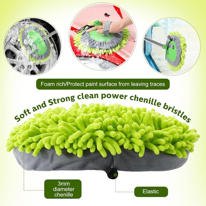 Tallew 5 Pcs Car Wash Mitt Kit, Car Clean Brush Not Included, Microfiber Mitt Clean Detail Cleaning Tools Truck Washing Chenille Scratch Replacement Kit for Auto RV Pickup Bus (Green)