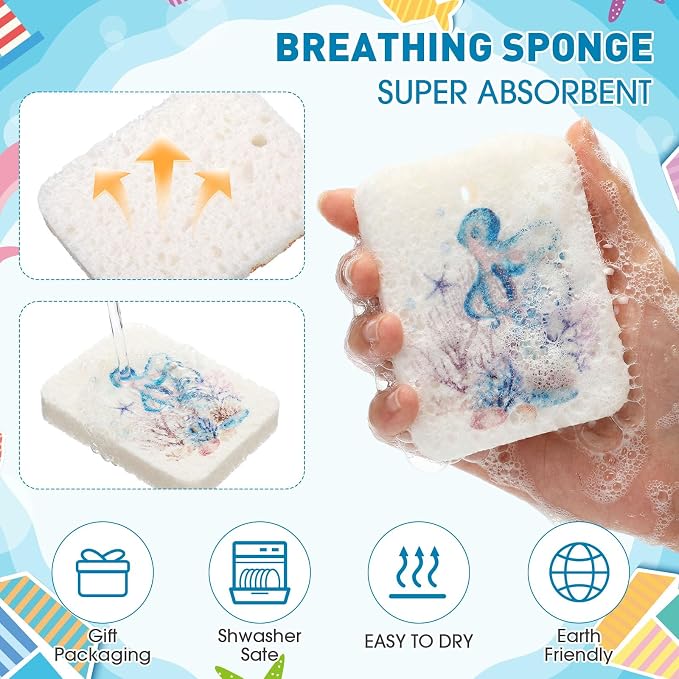 Maxdot 50 Counts Compressed Cellulose Sponges Bulk Sea Animals Style Natural Kitchen Compostable Non Scratch Dish Sponges for Washing Dishes, Cleaning Countertop Sink, Kids DIY