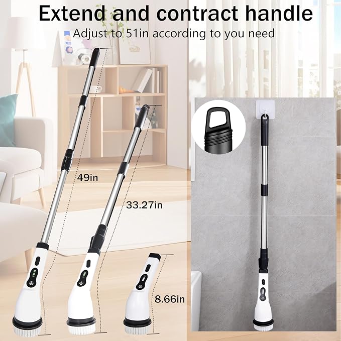 Electric Spin Scrubber Shower Cleaner Brush Cordless Power Cleaning 8 Brush Heads Extendable Handle 3 Adjustable 2 Speeds IPX7 Waterproof for Bathroom Kitchen