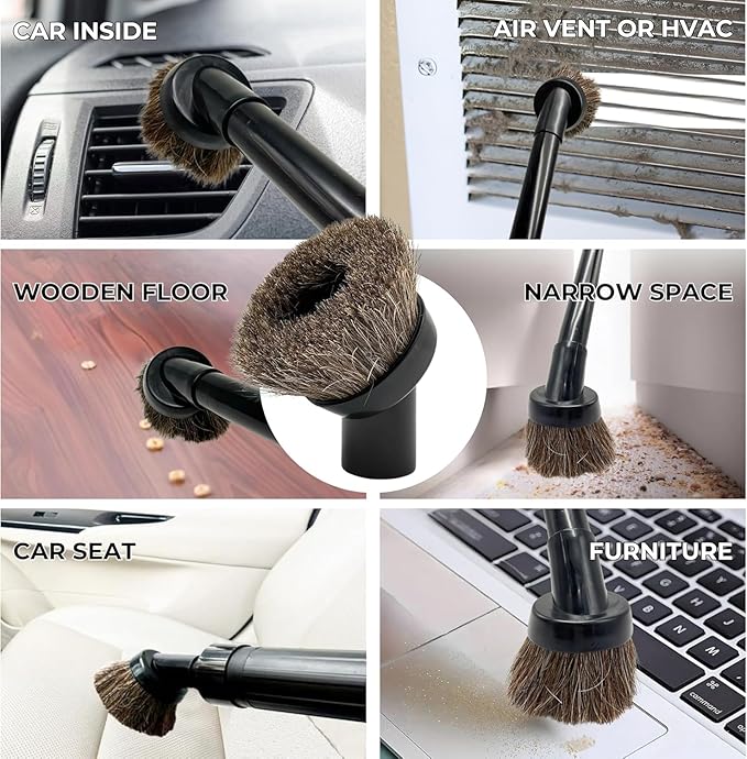 for Shop Vacs Replacement Vacuum Brush Attachment 1.25 Inch (32mm) with Soft Horsehair Bristles - 1-1/4'' Vacuum Accessories Compatible with Milwaukee M18, Eureka Mighty Mite 3670M & More