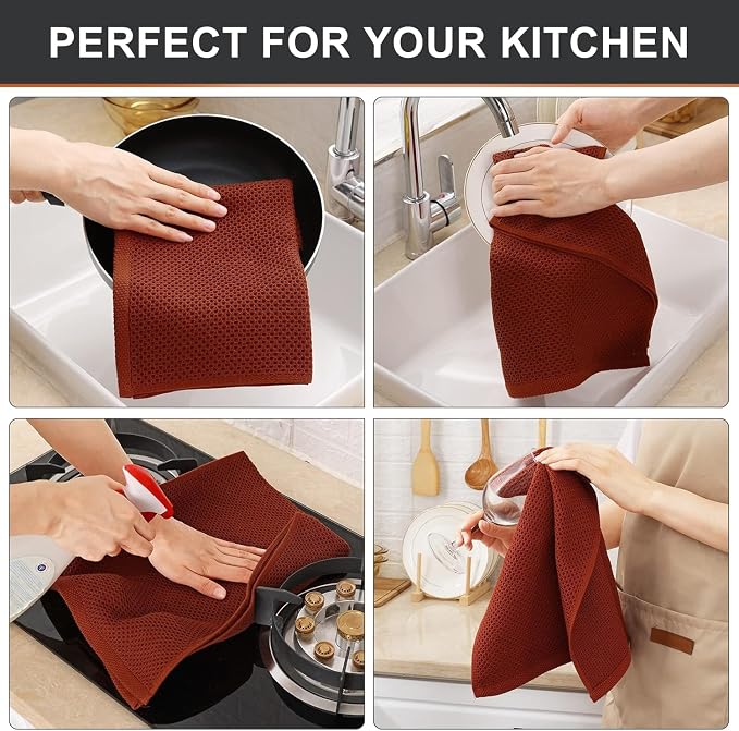 Kitinjoy 100% Cotton Waffle Weave Kitchen Hand Towels (13 X 28 Inches, Rust), 4-Pack Super Soft and Absorbent Dish Towel for Drying Dishes