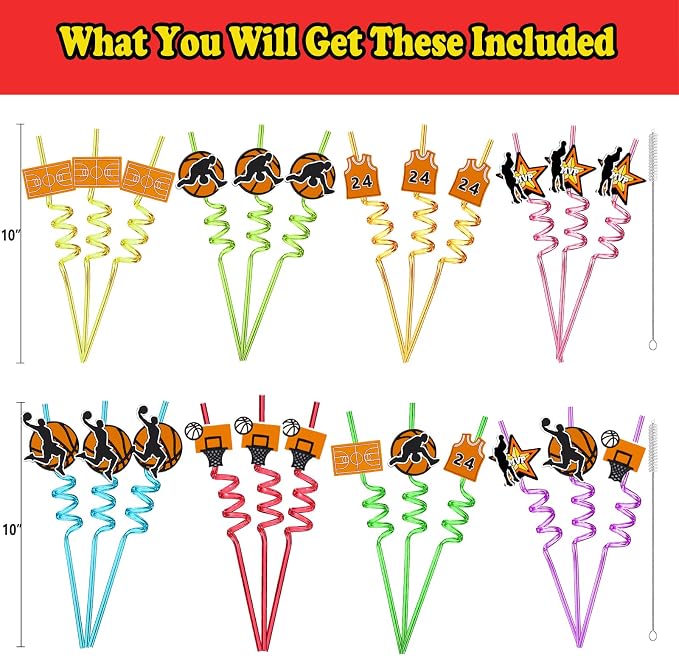 24pcs Basketball Themed twisty Reusable Plastic Straws for Basketball Party Favor,Daily Drinking,Birthday Party,Class Reunions,Sports Basketball Party Supplies,With 2 Cleaning Brushes 8color