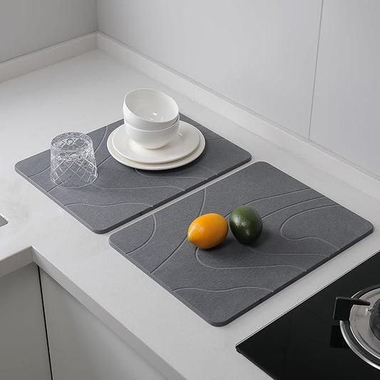 2 Pack Stone Drying Mat for Kitchen Counter,16''x12'' Quick Dish Drying Stone Mat Kitchen,Stone Dish Drying Mat,Quick-Dry Absorbent Bath & Countertop Stone Dishes Mats (Gray, 16''x12'')