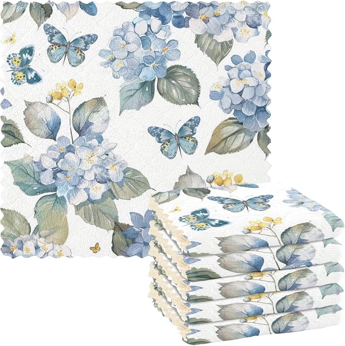Blue Hydrangea Butterfly Kitchen Towels Dish Cloths Set of 6 Microfiber Cleaning Cloths for Cars Super Absorbent Machine
