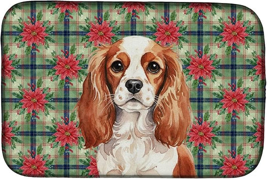 Caroline's Treasures Blenheim English Toy Spaniel Christmas PoinsettIas Dish Drying Mat Absorbent Dish Drying Mat Pad for Kitchen Counter Dish Drainer Mat for Countertop, 14 x 21", Multicolor