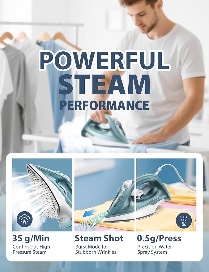 Sundu Steam Iron for Clothes with Rapid Heating Ceramic Coated Soleplate, 1500W with Precise Thermostat Dial, Self-Cleaning, Auto-Off, 44oz Water Tank for Home Clothes Ironing Use Green