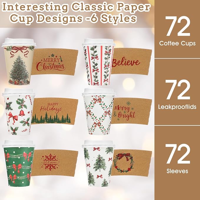 Gueevin 72 Set/ 216 Pcs Christmas Paper Cups Disposable 12 oz Christmas Coffee Cups with Lids and Sleeves Xmas Winter Party Supplies for Hot Chocolate Cocoa Cold Drinks Water Supplies (Bow Style)