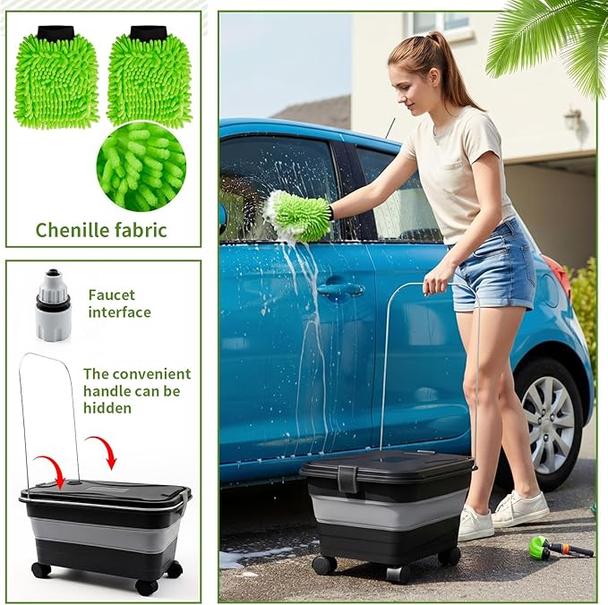 Maxdot Car Wash Bucket with Wheels Lid and Handle, 5.5 Gallon Collapsible Rolling Wash Bucket with 2 Microfiber Mitts for Car Cleaning, Camping, Rv & Pet Bathing