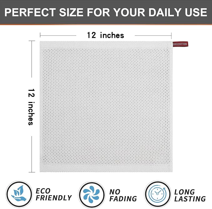 Kitinjoy 100% Cotton Kitchen Dish Cloths (12 X 12 Inches, Light Grey), 6 Pack Waffle Weave Ultra Soft Absorbent Dish Towels for Drying Dishes Quick Drying Kitchen Towels Dish Rags